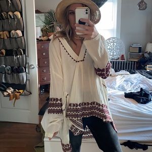 High-low Boho Embroidered Free People Linen Tunic Top